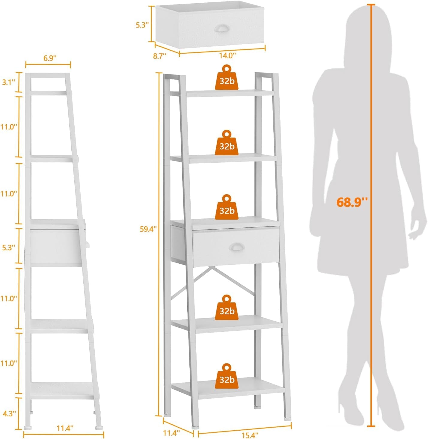 5 Tier Bookshelf, Ladder Shelf with Drawer, Tall and Narrow Bookcase, Storage Shelves Organizer,Industrial Display Standing Units for Bathroom,Kitchen,Bedroom,Living Room,White