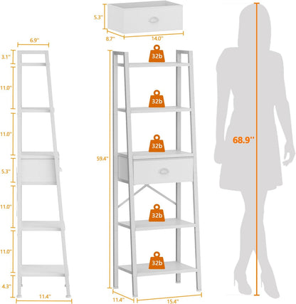 5 Tier Bookshelf, Ladder Shelf with Drawer, Tall and Narrow Bookcase, Storage Shelves Organizer,Industrial Display Standing Units for Bathroom,Kitchen,Bedroom,Living Room,White
