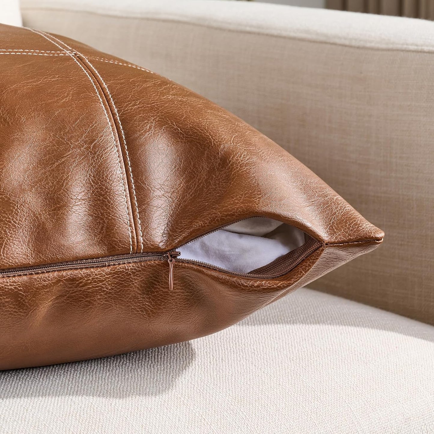 2 Packs Brown Boho Lumbar Plaid Faux Leather Decorative Throw Pillow Covers 12X20 Inch for Living Room Couch Bed, Rustic Modern Home Decor, Hand Stitched Rectangle Cushion Case 30X50 Cm