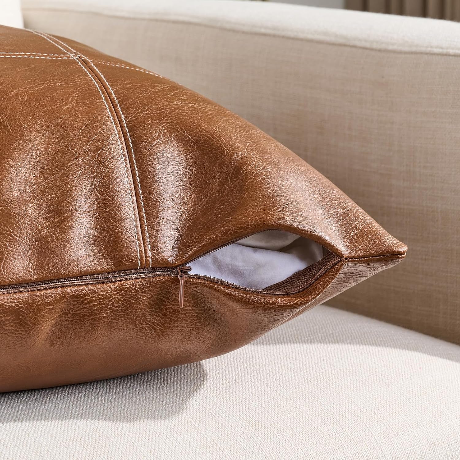 2 Packs Brown Boho Lumbar Plaid Faux Leather Decorative Throw Pillow Covers 12X20 Inch for Living Room Couch Bed, Rustic Modern Home Decor, Hand Stitched Rectangle Cushion Case 30X50 Cm