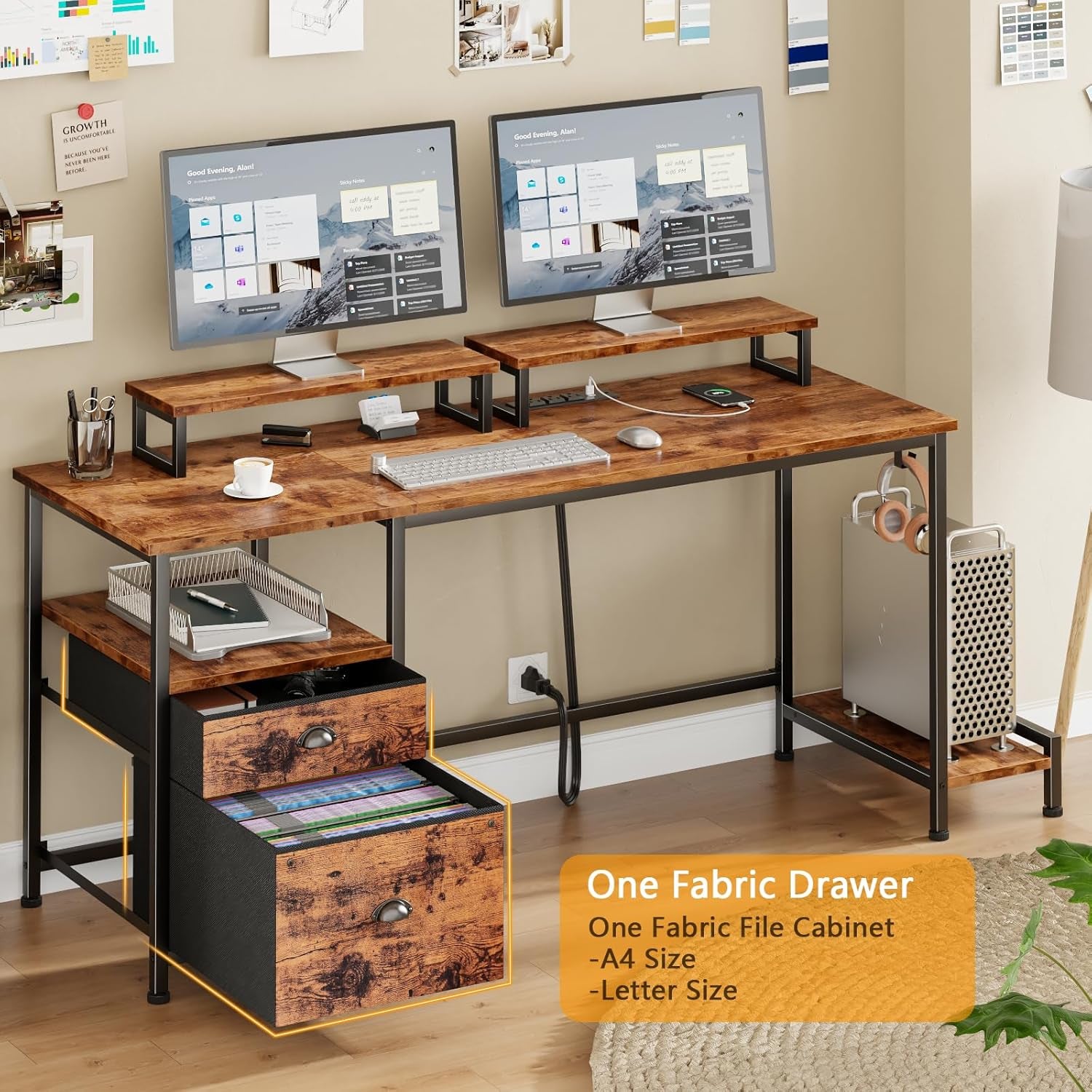 47" Computer Desk with File Cabinet and Power Outlets, Home Office Desk with 2 Monitor Stands and Storage Drawer, Writing Gaming Table with Shelves and 2 Hooks for Bedroom, Rustic Brown