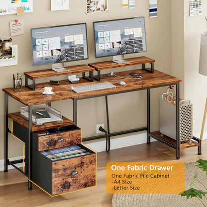 47" Computer Desk with File Cabinet and Power Outlets, Home Office Desk with 2 Monitor Stands and Storage Drawer, Writing Gaming Table with Shelves and 2 Hooks for Bedroom, Rustic Brown