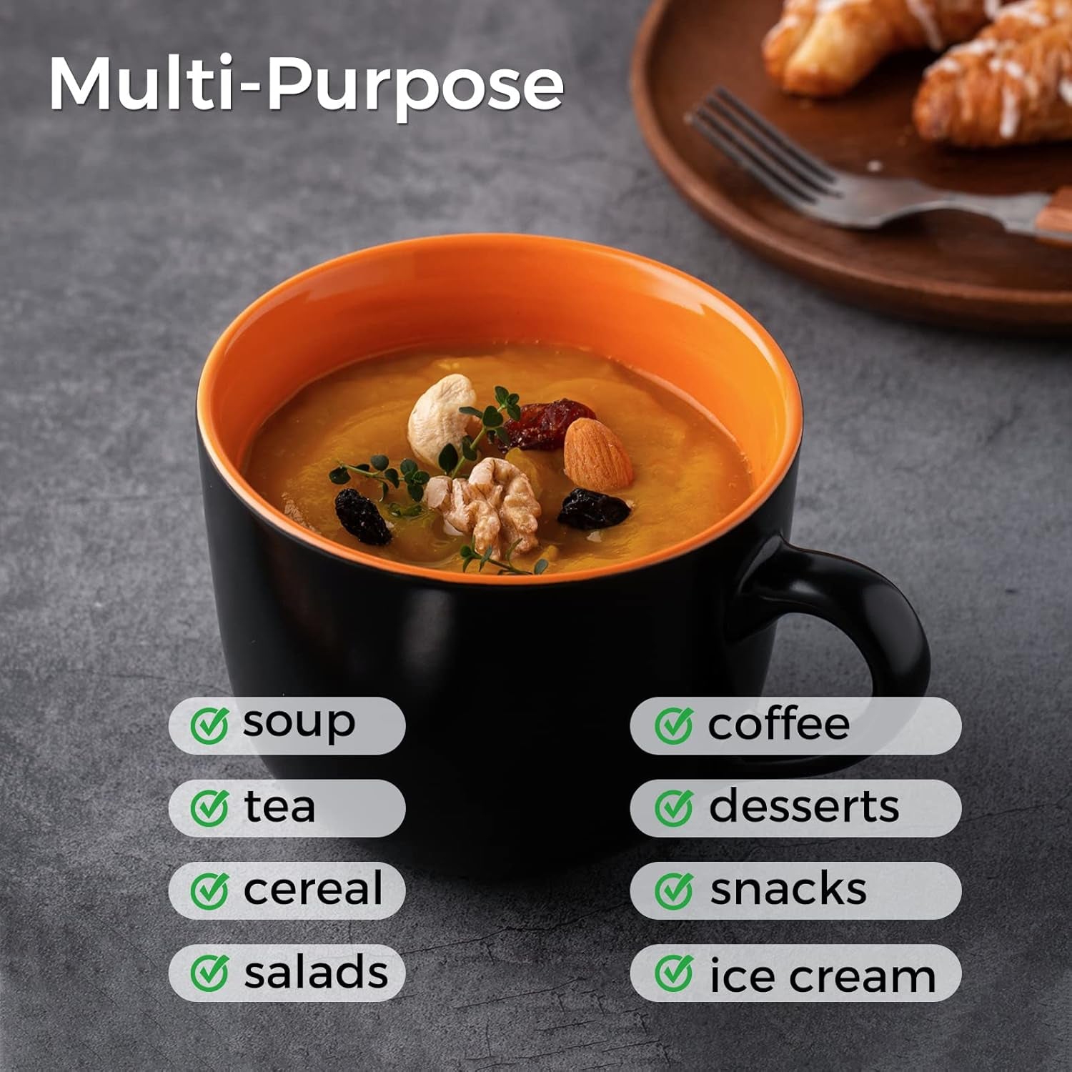 Set of 4 Jumbo Ceramic Soup Mugs with Handles, 24 Oz - Versatile Microwave and Dishwasher Safe Bowls for Coffee, Cereal, Snacks, Salad, and Noodles - Orange Interior