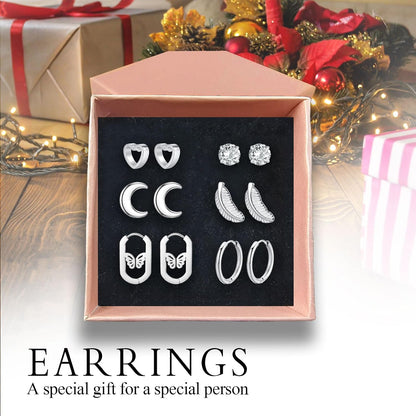 6 Pairs Stainless Steel Stud Earrings Set for Women Men Moon Heart Leaf Butterfly Circle CZ Studs Hypoallergenic Tiny Cartilage Stud Earrings Flatback Earrings