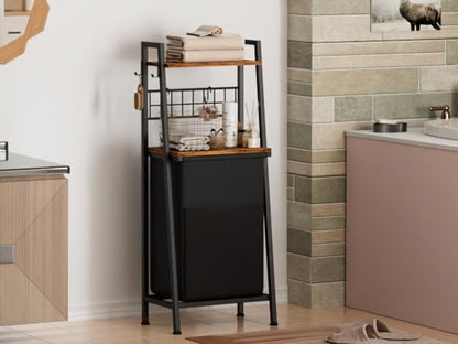 2-Tier Laundry Hamper with Wooden Shelf and Hooks, Vertical Design with Pull-Out Removable Bag, Divided Clothes Storage for Bathroom, Bedroom, and Dormitory