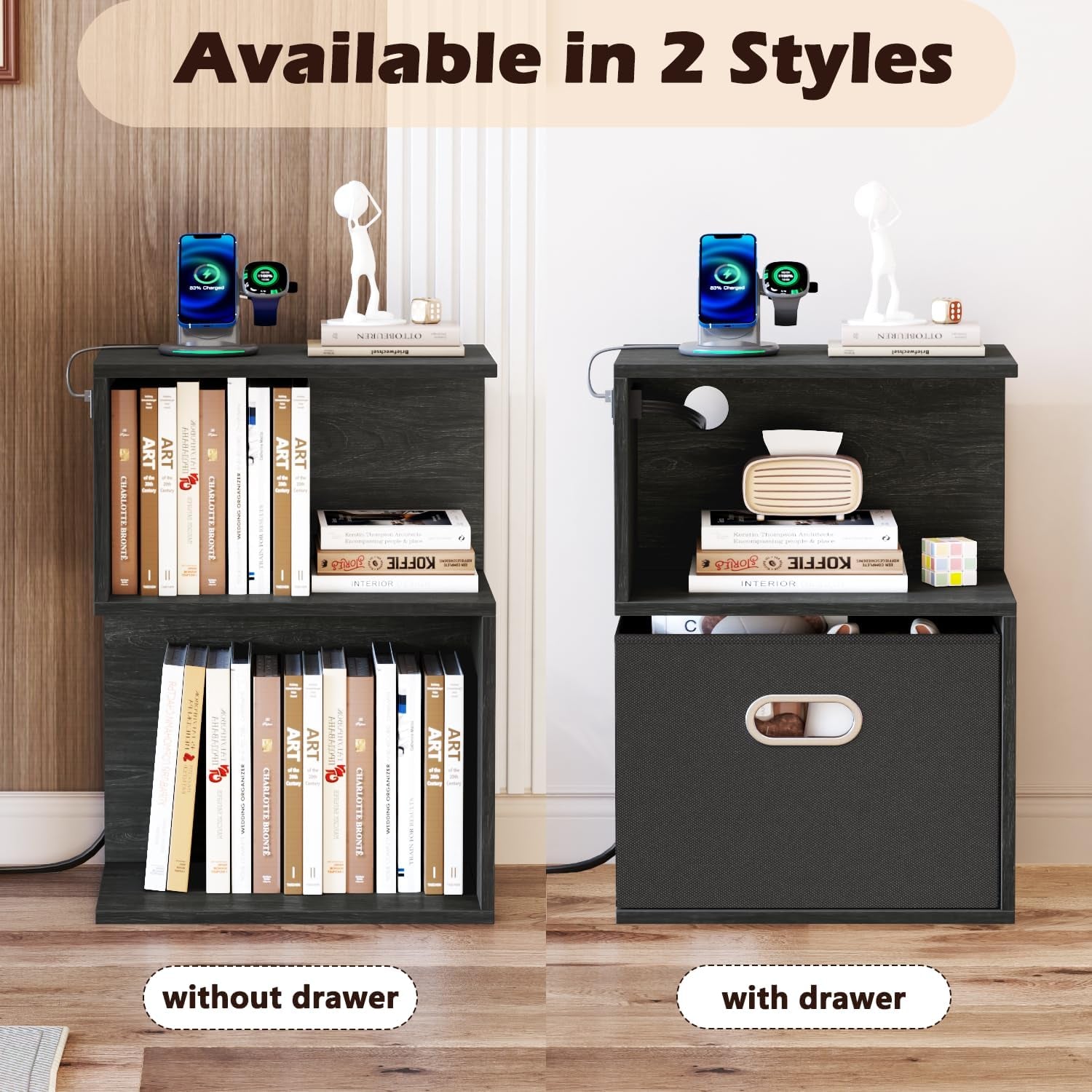 S Nightstand with Charging Station, 3 Tier Open End Table with Drawer, Wood Bedside Table with Storage for Living Room/Bedroom/Small Space, Black Oak