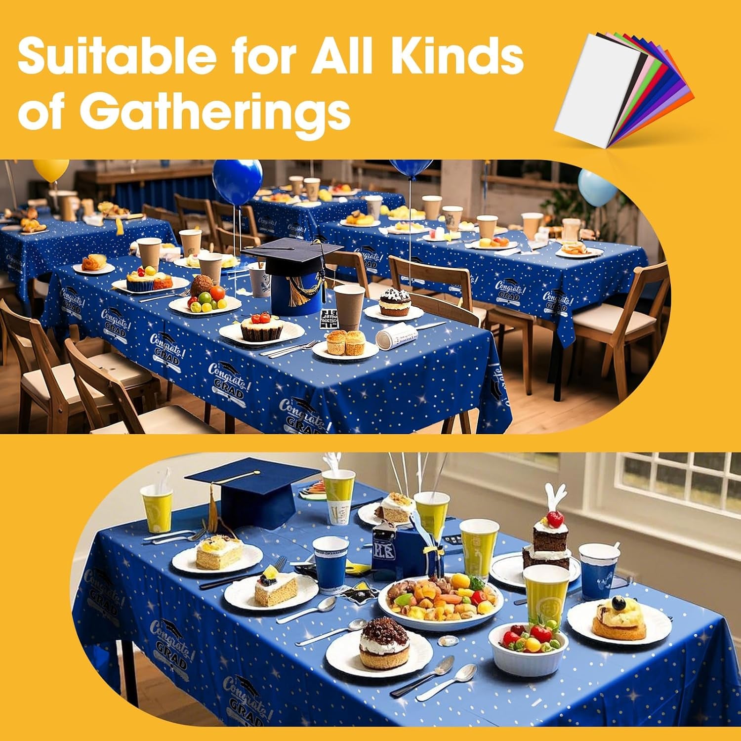 Graduation Blue Plastic Table Cloth - 4 Pack 54" × 108" Rectangle Disposable Tablecloths for 6FT Tables, Waterproof Table Cover for Party, Holiday & Gathering Use