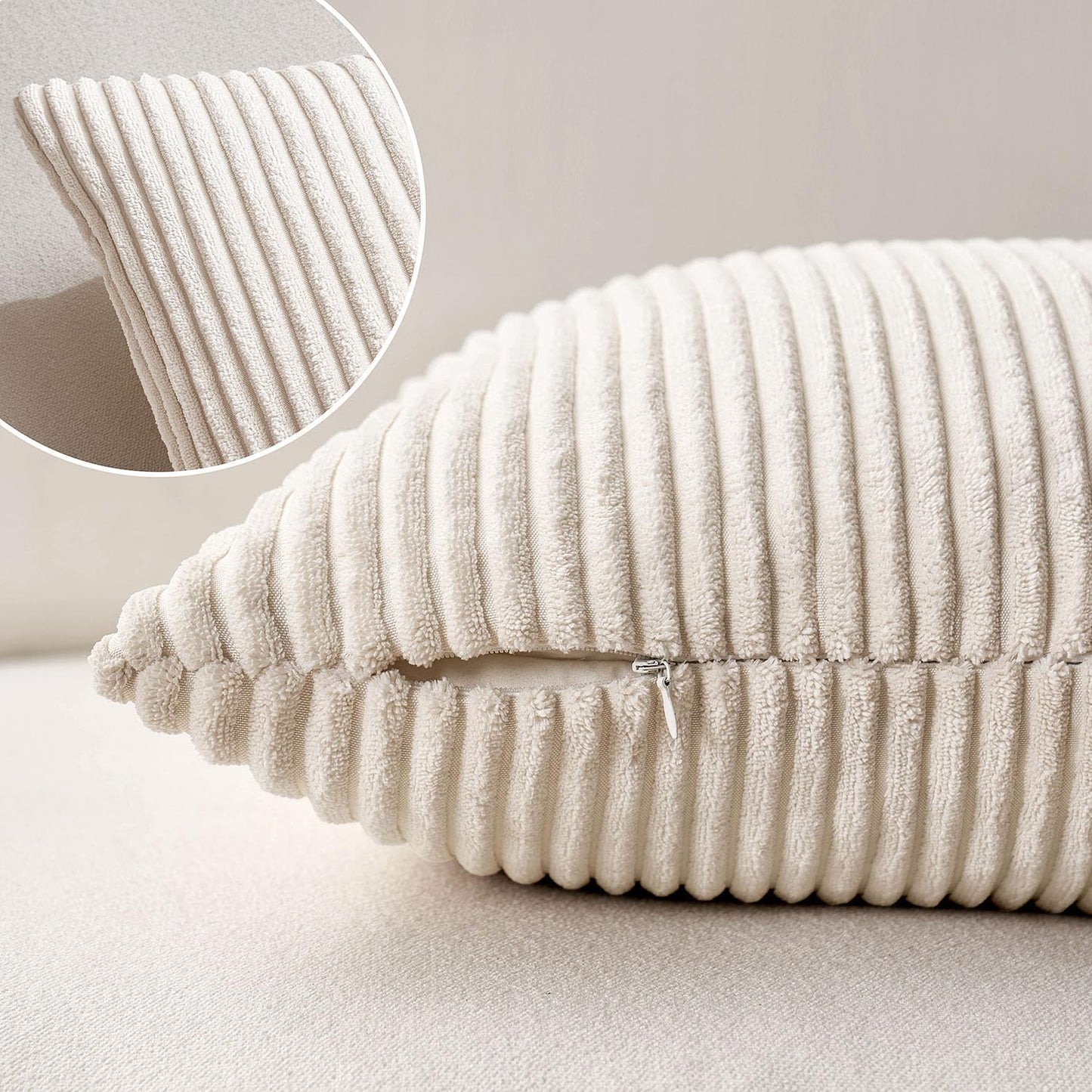 Set of 2 Cream White Corduroy Pillow Covers - Soft Decorative Square Cushion Cases for Sofa, Bedroom, and Car (18 x 18 Inches / 45 x 45 cm)