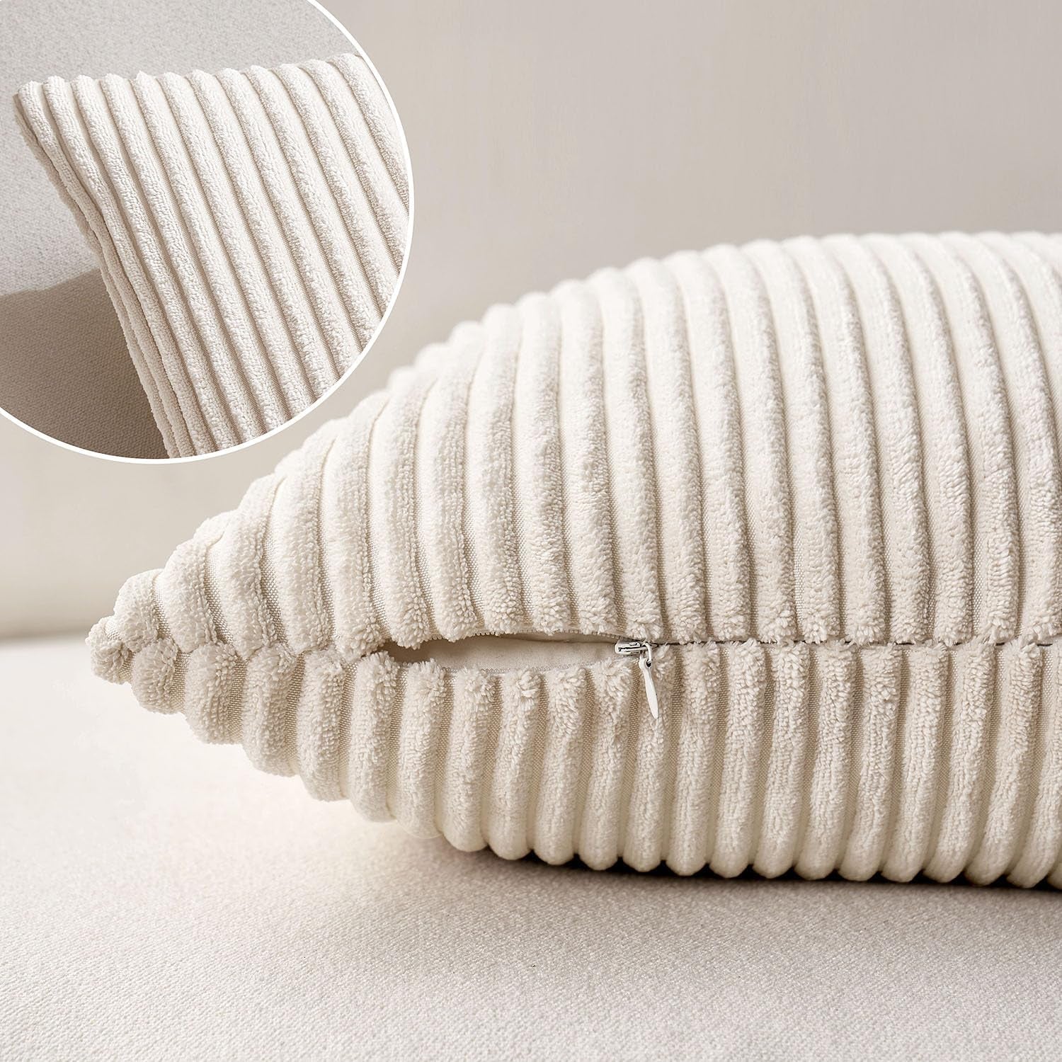 Set of 2 Cream White Corduroy Pillow Covers - Soft Decorative Square Cushion Cases for Sofa, Bedroom, and Car (18 x 18 Inches / 45 x 45 cm)