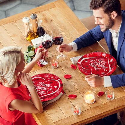 50 PCS Valentines Paper Plates, 9-Inch round Heart Plates, Happy Valentines Day Design Red Heart Plates Heart Disposable Plates, Heart Decorations for Party Wedding Birthday Anniversary