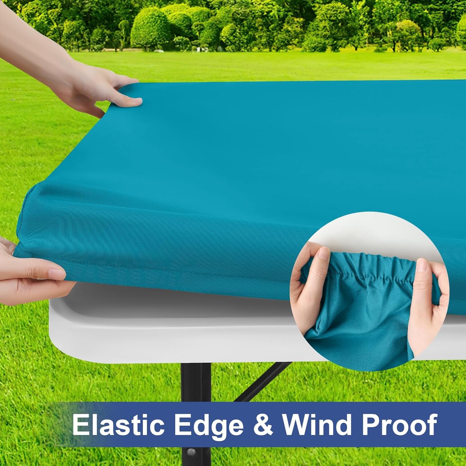 Rectangle Table Cloth Cover, Waterproof Polyester Elastic Fitted Tablecloth, Fits for 6 Foot Folding Tables, Washable Table Protector for Picnic, Camping, Outdoor (Teal, 30" X 72")