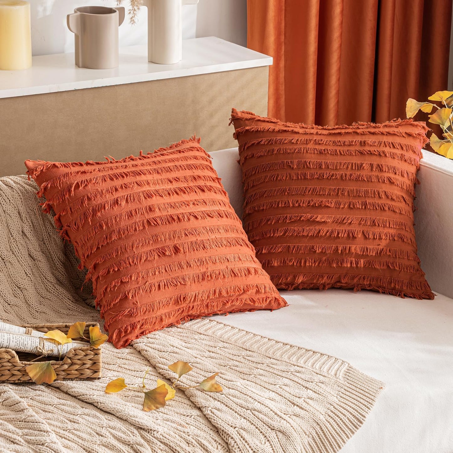 Set of 2 Fall Decorative Boho Throw Pillow Covers Linen Striped Jacquard Pattern Cushion Covers for Sofa Couch Living Room Bedroom 18X18 Inch Rust