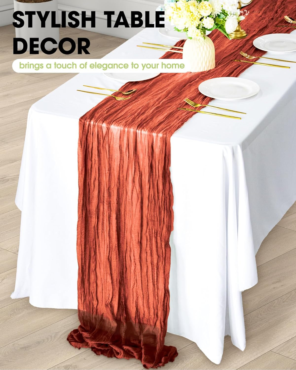 2-Pack Fall Thanksgiving Table Runner, 120'' Boho Table Cloth Decorations for Party, Baby Shower, Wedding and Farmhouse, Fabric Room Decor, Rust, Terracotta