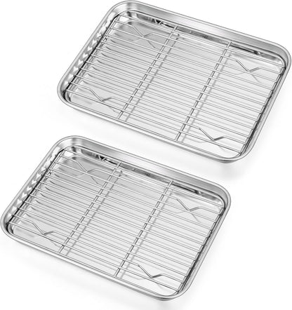 10.4 + 9 Inch Toaster Oven Pans with Racks, 4 Pieces Stainless Steel Oven Tray Baking Pan Sheet and Cooling Rack for Oven Cooking Roasting, Non Toxic & Dishwasher Safe
