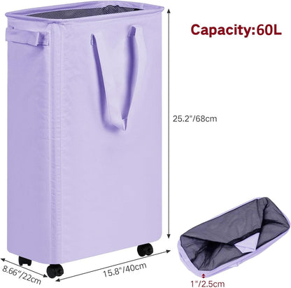 Slim Laundry Hamper with Wheels, Rolling Laundry Basket for Clothes, Small Laundry Basket for Bedroom, Dorm and Laundry Room, 60L (12.7 Gallons) Purple