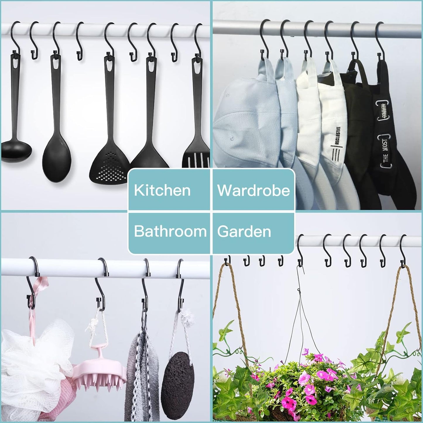 Shower Curtain Hooks, 12 Pcs S Shape Shower Curtain Rings, Rustproof Black Shower Curtain Rings, Multi-Functional Shower Hooks for Shower Curtain, Kitchen Utensils, Clothing, Towels, Black