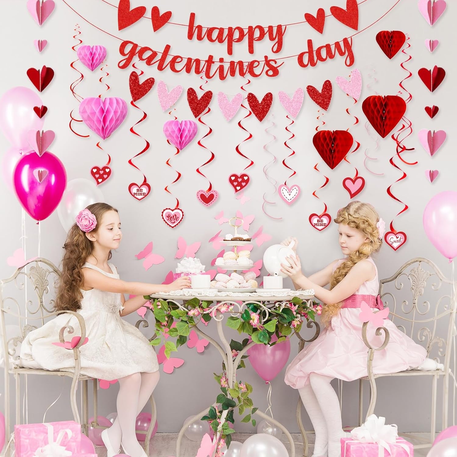 Galentines Day Decorations for Party, Happy Galentine’S Day Heart Banner Garland, Galentines Day Party Supplies with Hanging Streamers Heart Honeycombs Swirls for Girls Ladies Celebration
