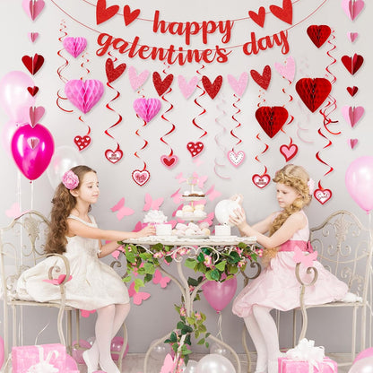 Galentines Day Decorations for Party, Happy Galentine’S Day Heart Banner Garland, Galentines Day Party Supplies with Hanging Streamers Heart Honeycombs Swirls for Girls Ladies Celebration