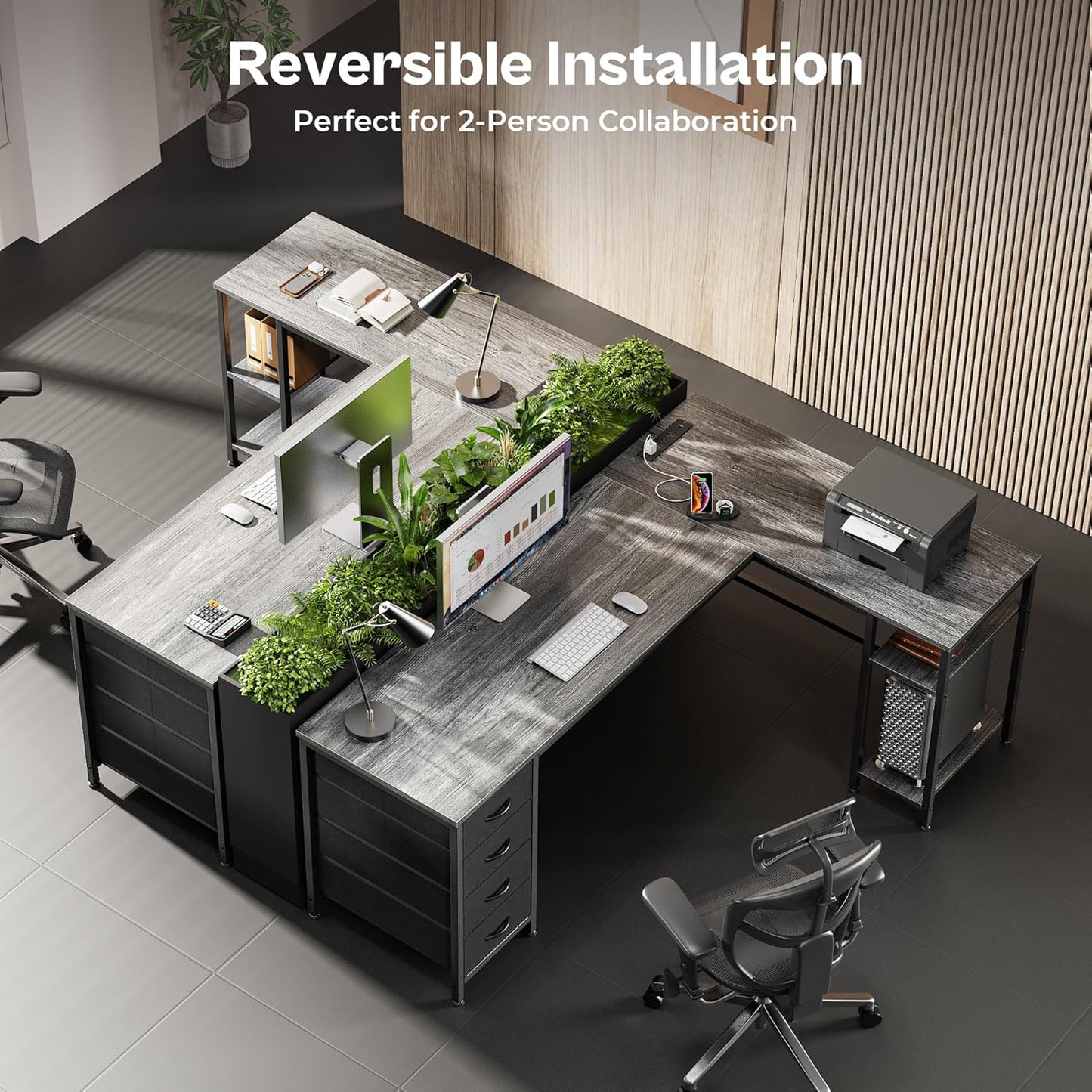 63-Inch L-Shaped Desk with Fabric Drawers, Reversible Computer Gaming Desk Featuring Power Outlets and USB-C Port, Adjustable Side Storage Shelves for Home Office and Study Corner, Grey