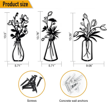 Set of 3 Black Metal Flower Wall Decor - Minimalist Rustic Vases for Home Aesthetics in Living Room, Dining Room, Kitchen, Bedroom, and Bathroom