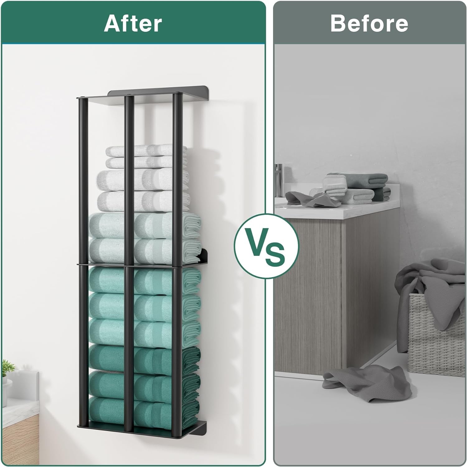 Towel Racks for Bathroom: 26 Inch Wall Mounted Towel Holder, Upgrade 2-Tier Towel Rack with 3-Vertical-Bars and 3-Steel-Shelves, for Modern Decor Bathroom Towel Storage (Matte Black)