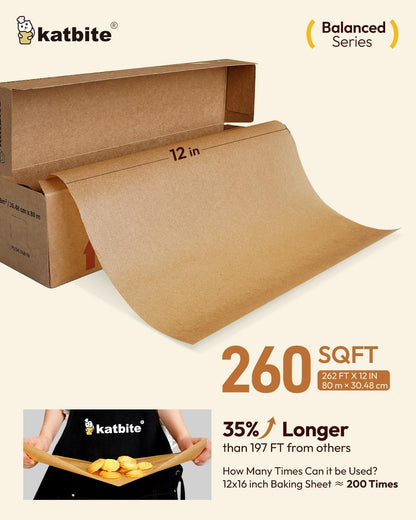 12In X 262Ft Unbleached Parchment Paper Roll, 260 Sq.Ft, Balanced Series, Non-Stick, Extra Long Parchment Baking Paper with Portable Serrated Cutter for Baking, Cooking [Balanced Series]