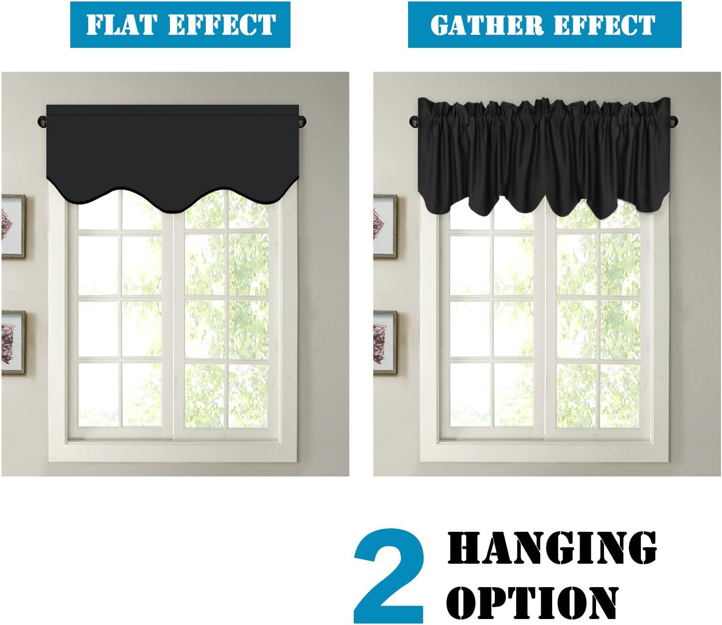 2 Panels Blackout Curtain Valances for Kitchen Windows/Living Room/Bathroom Privacy Protection Rod Pocket Decoration Scalloped Winow Valance Curtains, 52" W X 18" L, Black