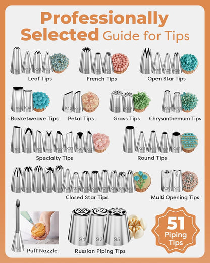 253 Pcs Cake Decorating Kit, 12" Aluminum Alloy Cake Turntable, 48 Numbered Icing Tips, 3 Russian Piping Nozzles, Offset and Straight Spatulas, Cake Leveler, Pastry Bags Baking Supplies