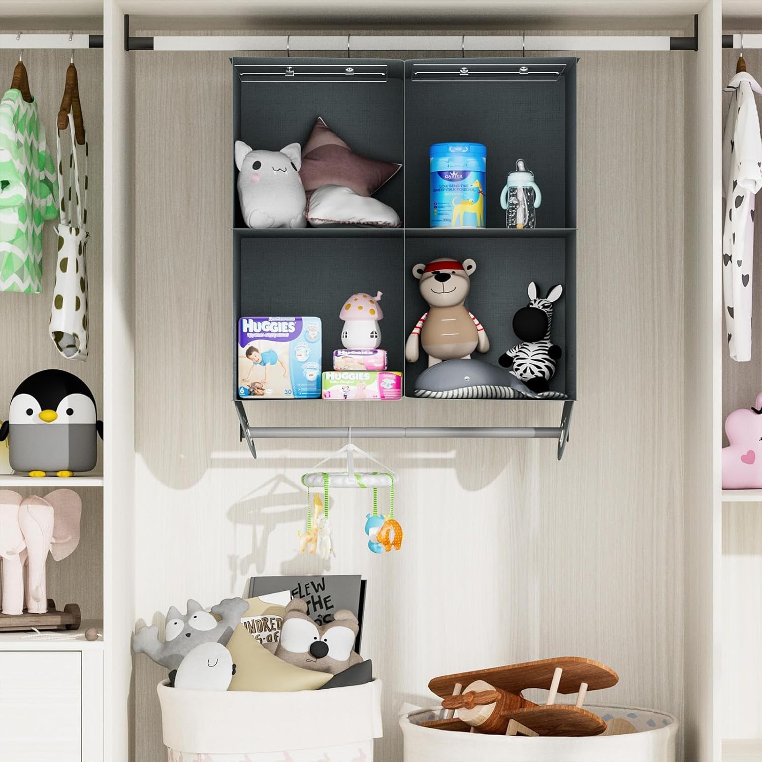 4-Section Hanging Closet Organizer and Storage, Heavy Duty Hanging Shelves with Rod, Closet Storage for College Dorms, RV, Dark Grey