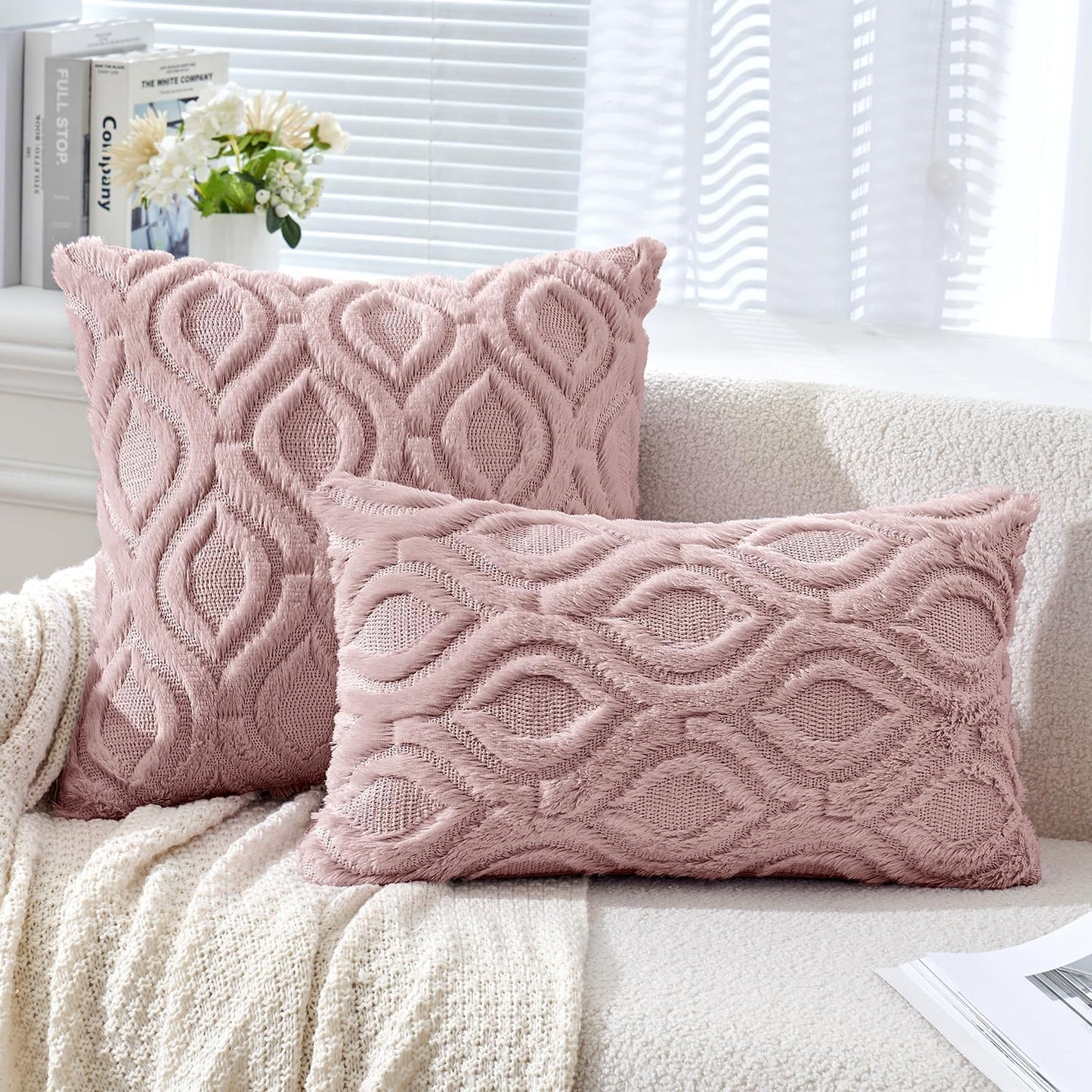 Blush Pink Valentines Throw Pillow Covers 18X18 Inch, Soft Spring Plush Faux Wool Couch Pillow Covers Set of 2 Decorative Farmhouse Boho Throw Pillows for Sofa Living Room Bed