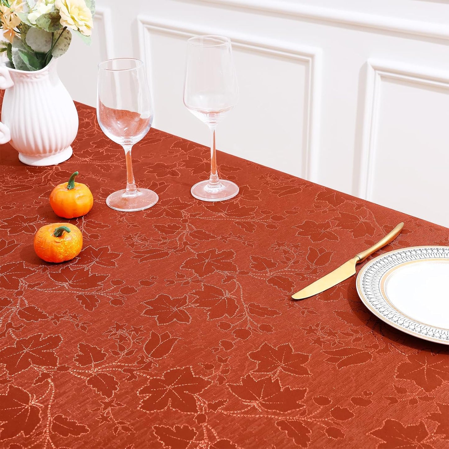 Rectangle Thanksgiving Tablecloth, Waterproof Jacquard Fall Table Cloth, Damask Cloth Table Cover for Harvest Decor (60" X 84", Rust Maple Leaf)