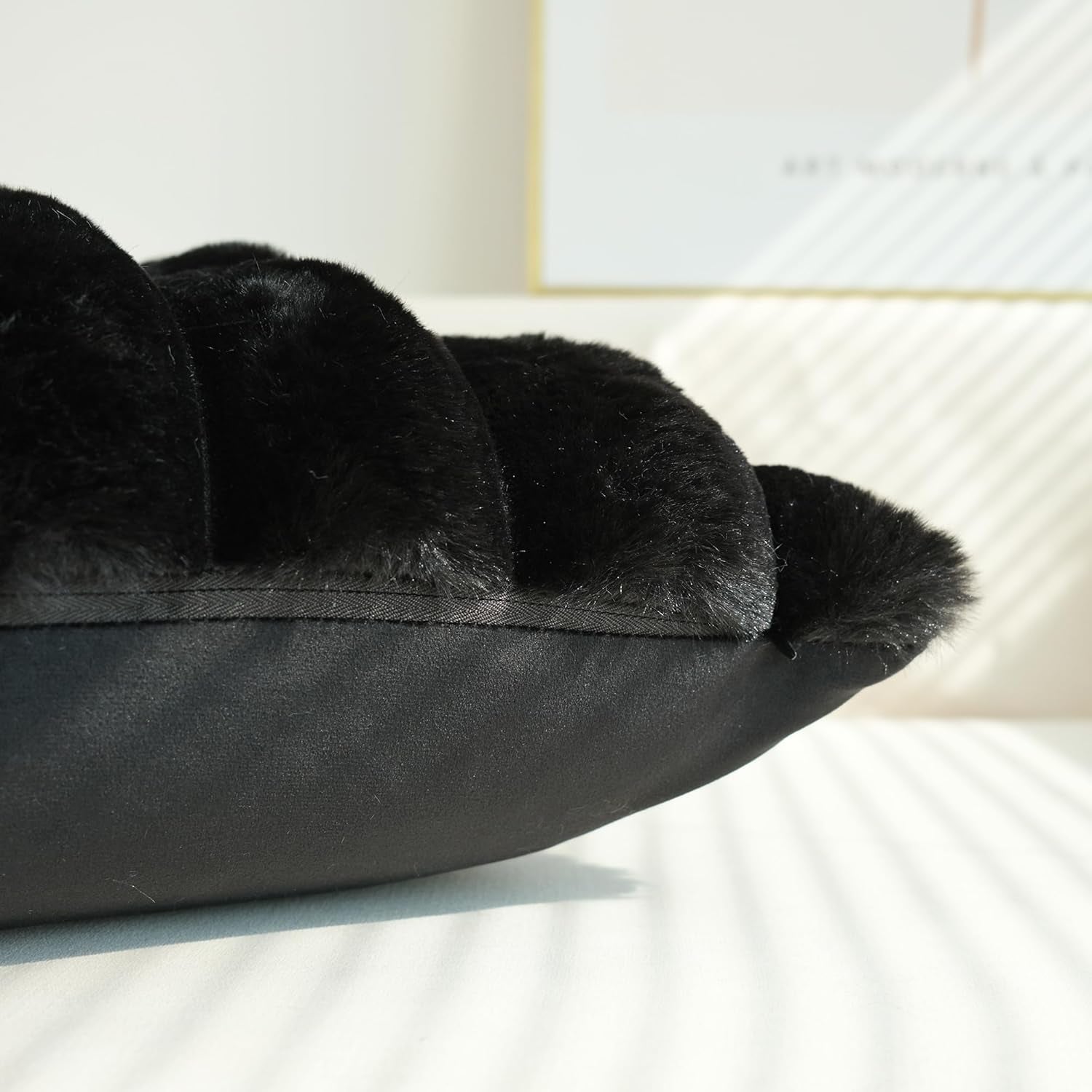 Pack of 2 Faux Fur Plush Decorative Throw Pillow Covers Couch Cushion Case Soft Fluffy Pillowcases Wide Stripe (Black, 18 X 18 Inch)