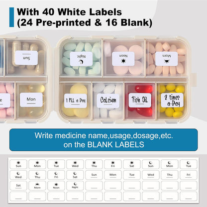 14 GRIDS Travel Pill Organizer Box with Labels - Travel Medicine Case Kit - Pocket Daily Pharmacy Container - Travel Medication Holder Dispenser for Fish Oil Vitamin Supplement Storage - Khaki