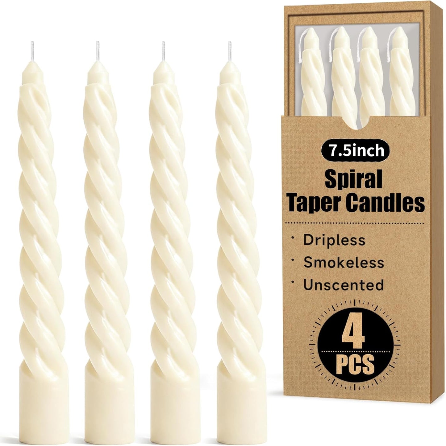 8 Inch 4Pack Spiral Taper Candles，Smokeless & Unscented & Dripless, for Weddings, Birthdays, Dinner Parties, Rituals, Prayer, Birthdays, Meditation