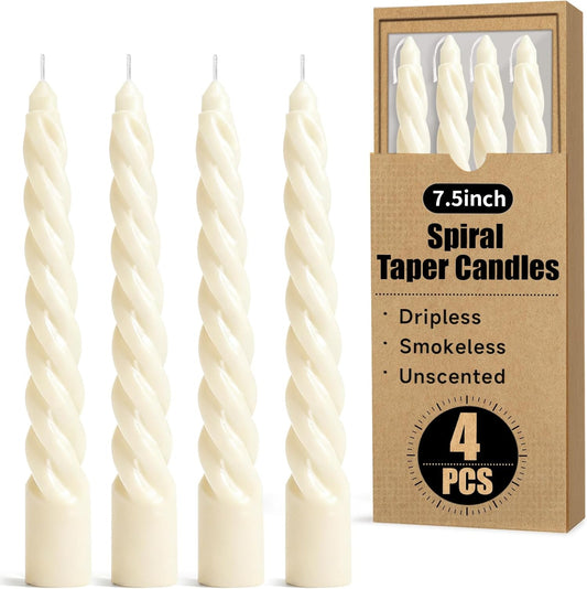 8 Inch 4Pack Spiral Taper Candles，Smokeless & Unscented & Dripless, for Weddings, Birthdays, Dinner Parties, Rituals, Prayer, Birthdays, Meditation