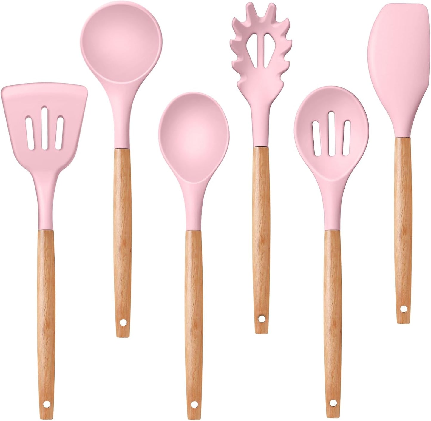 Cooking Utensils Set, 6 PCS Kitchen Utensils with Wooden Handle, Silicone Spatula for Nonstick Cookware, Easy Clean & Non-Toxic, Pink