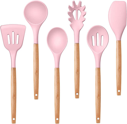Cooking Utensils Set, 6 PCS Kitchen Utensils with Wooden Handle, Silicone Spatula for Nonstick Cookware, Easy Clean & Non-Toxic, Pink