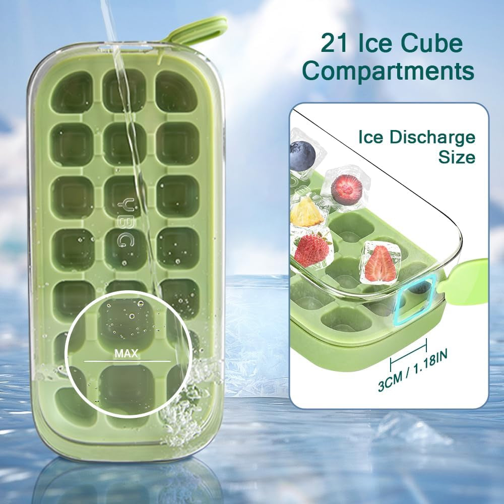 Ice Cube Tray with Lid and Bin for Freezer - 21 Pcs Silicone Ice Cube Mold, No Touch Easy Release - BPA Free, Reusable, Stackable, Suitable for Cocktails Whiskey Coffee and More (Green-21 Pcs)