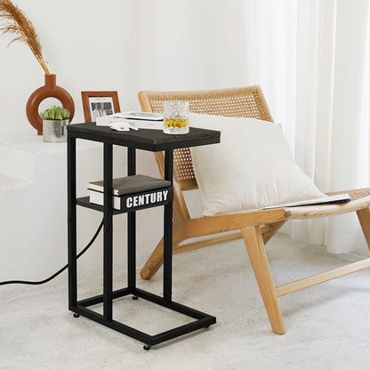 C Shaped End Table with Charging Station for Living Room, Bedroom, Sofa Table with USB Ports and Outlets for Small Spaces, C Couch Rustic Snack Bed Table, Charcoal Gray