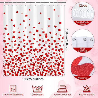71 X 71 Inches Valentines Shower Curtain Bottom with Pink and Red Love Heart Romantic Bathroom Curtain Waterproof Polyester Curtain Hooks Set for Valentine'S Bathroom Decorations