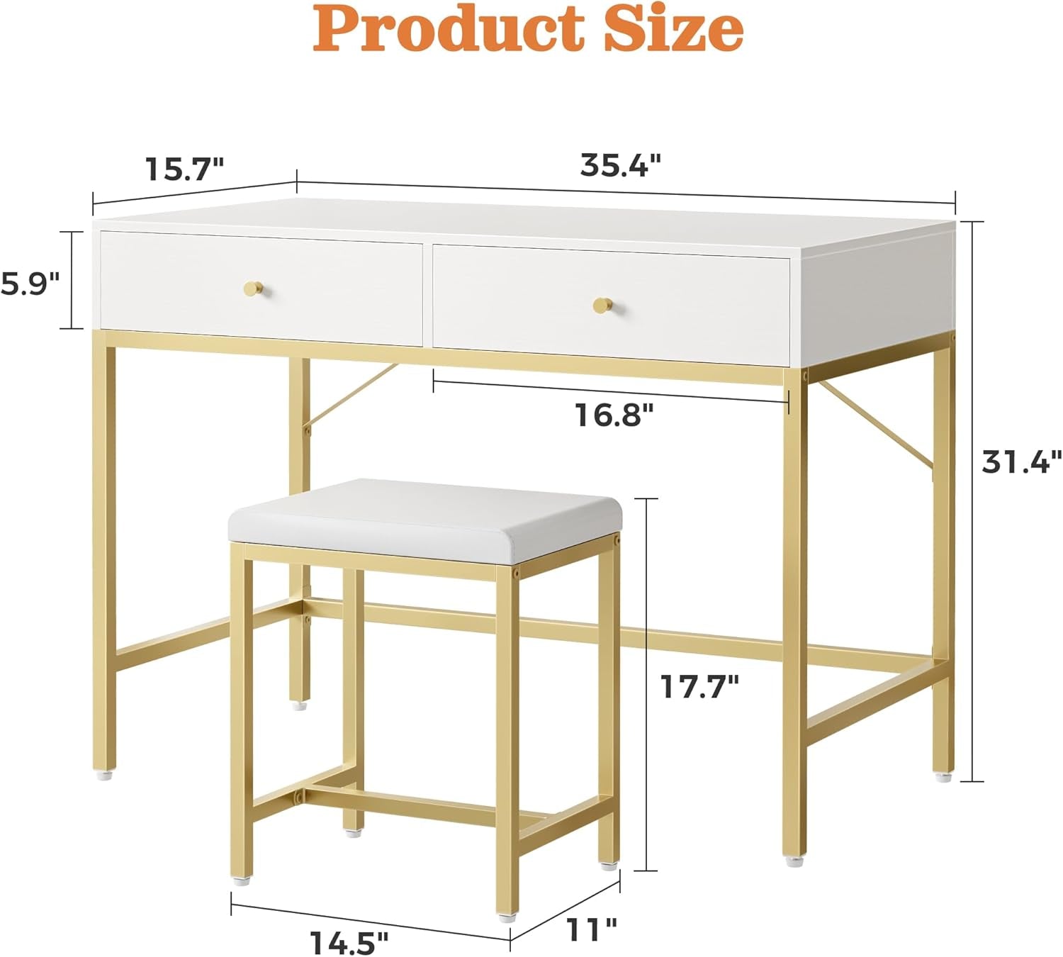35.4" White and Gold Modern Desk with Two Drawers, Makeup Vanity Set with Padded Stool, Compact Home Office Writing Desk for Study and Bedroom