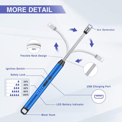 2 PCS Candle Lighter, Electric Lighter Arc Windproof Flameless with 360° Flexible Neck & LED Power Display, Lighters for Candle for BBQ, Grill, Camping, Fireplace, Stove(Blue)