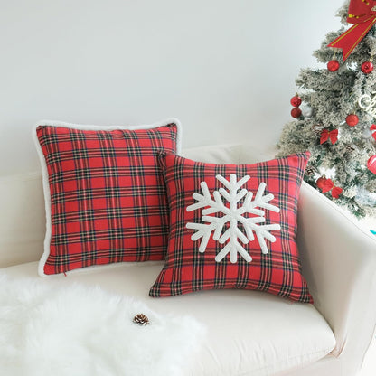 Pack of 2 Christmas Throw Pillow Covers Plaid Scottish Tartan Cushion Case Snowflake Embroideried Pillowcases for Sofa Couch Bedroom (Red, 20 X 20-Inch)