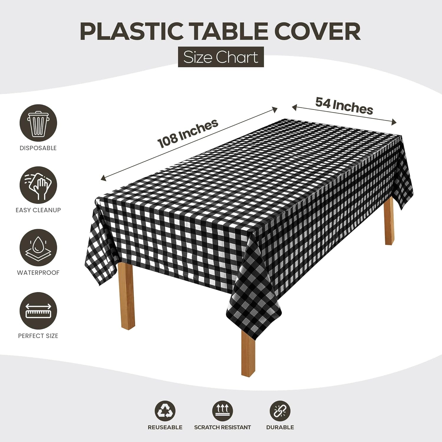 Plastic Table Cloth Disposable (12 Pack - 54X108 Inch) Black Check Rectangle Tablecloth Waterproof Stain Resistant Party Table Cover