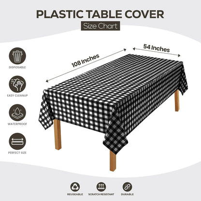 Plastic Table Cloth Disposable (12 Pack - 54X108 Inch) Black Check Rectangle Tablecloth Waterproof Stain Resistant Party Table Cover