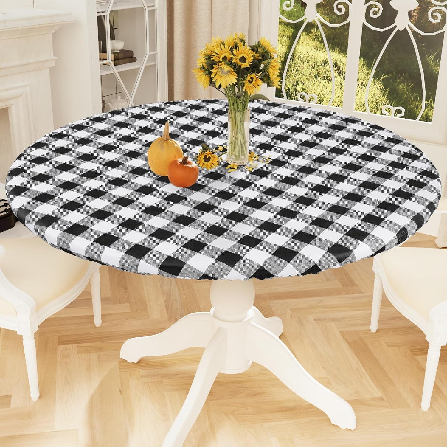 round Picnic Tablecloth, Elastic Waterproof Fitted Vinyl Tablecloths for 36"-44" Tables, Flannel Backed Buffalo Plaid Table Cover for Dining, Camping, Outdoor, Black and White