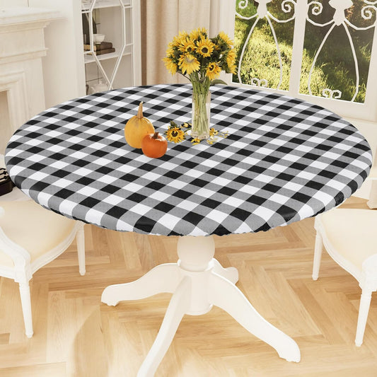 round Picnic Tablecloth, Elastic Waterproof Fitted Vinyl Tablecloths for 36"-44" Tables, Flannel Backed Buffalo Plaid Table Cover for Dining, Camping, Outdoor, Black and White