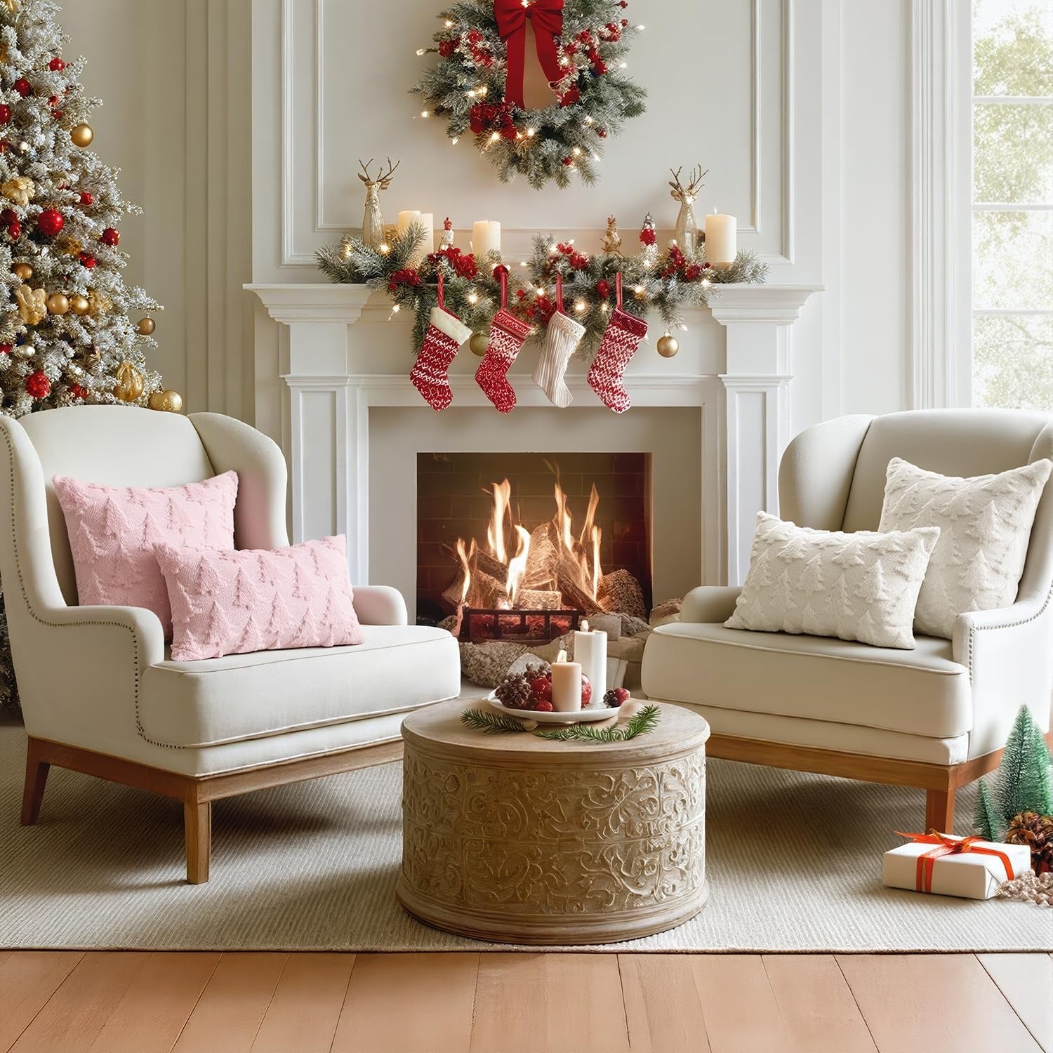 Christmas Throw Pillow Covers Cream White Christmas Decorations Set of 2 Xmas Tree 18X18 Pillow Covers Soft Plush Faux Wool Pillowcases Holiday Festivals Winter Home Decor Sofa Couch Bed Porch