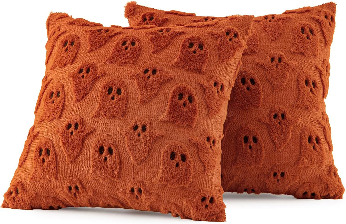 Halloween Decorative Pillow Covers - Set of 2 Soft Plush Faux Fur Ghost-Themed Cushions for Couch, Sofa, Bed, and Porch - 18x18 Inch Burnt Orange Fall Decor
