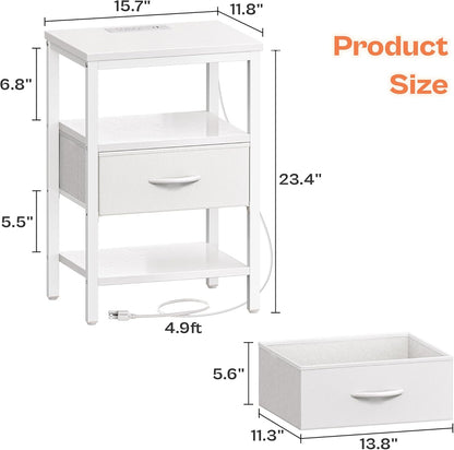 White Nightstand with Charging Station and Adjustable Fabric Drawer, 3-Tier Storage End Table for Bedroom and Living Room